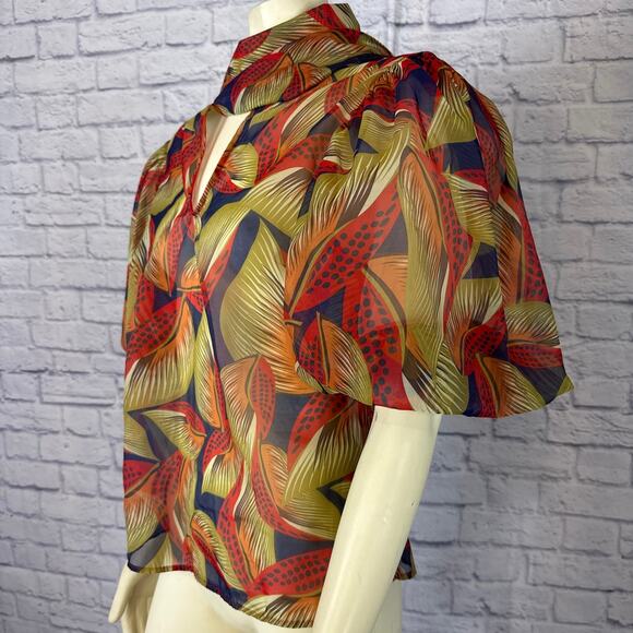 CQ by CQ Multicolored Fall Leaf short big puffy sleeved blouse size large - Picture 8 of 12